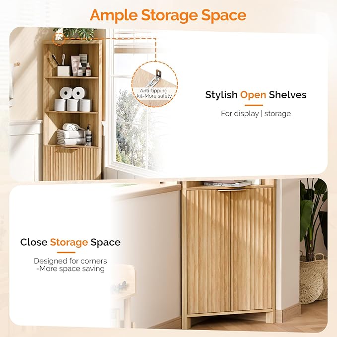 VINGLI 68" Tall Corner Cabinet with Fluted Doors,Corner Bathroom Storage Cabinet Pantry Hutch Display Shelves Adjustable for Kitchen, Living Room Modern Space Saver Shelf Bathroom Furniture,Oak