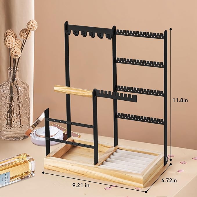 DreamGenius Jewelry Organizer Stand with Velvet Ring Holder, 4 Tier Jewelry Holder Organizer with 11 Hooks for Necklaces and 132 Holes for Earrings, Black
