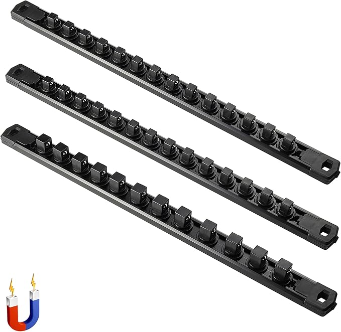 ALOANES 3-Piece Magnetic Socket Organizer, Heavy Duty Aluminum Rails, 360 Swivel Clips, 1/2, 3/8, 1/4-Inch Socket Holder x 40 Clips (Black)