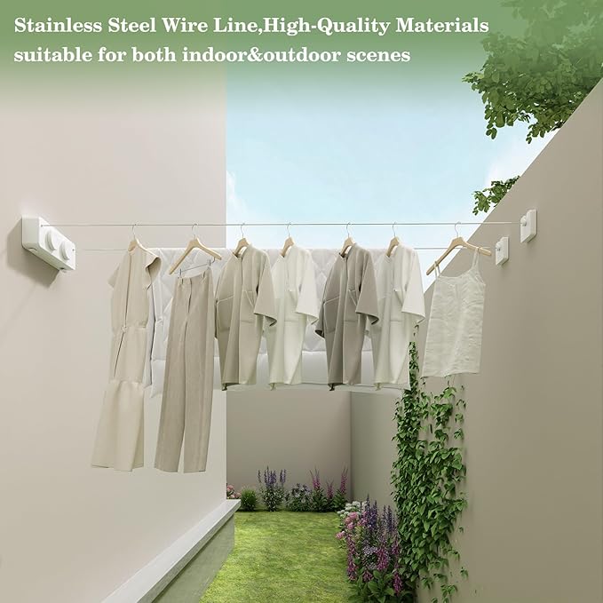 Danpoo Retractable Clothesline, Anti-Sag Adjustable Knob Heavy-Duty Clothes Line for Indoors/Outdoors with 2 * 13.8ft Stainless Steel Wire, Laundry Wall Drying Solutions