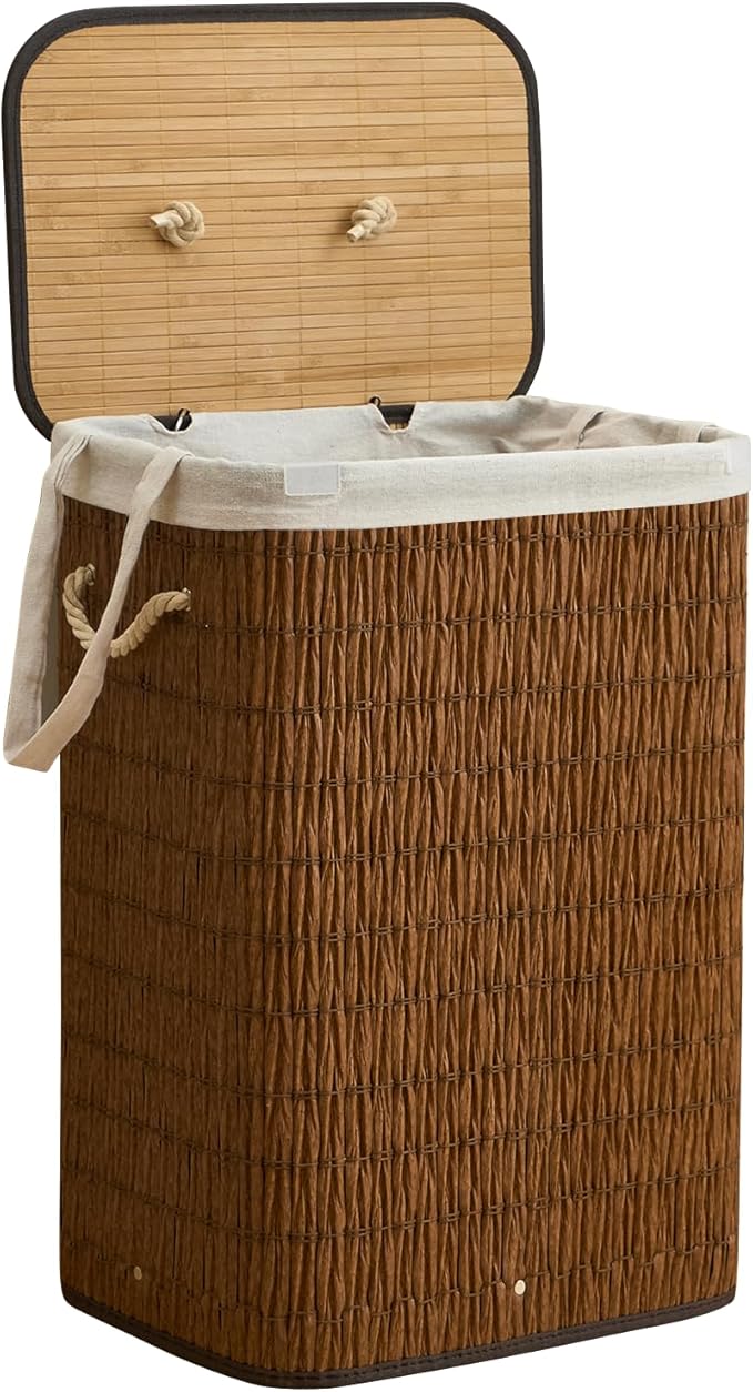 Laundry Hamper with Lid, 18.72 Gallons (72L) Laundry Basket with 2 Removable Liner Bags, Synthetic Rattan Clothes Hamper, laundry organization for bedroom, bathroom, laundry room, Brown