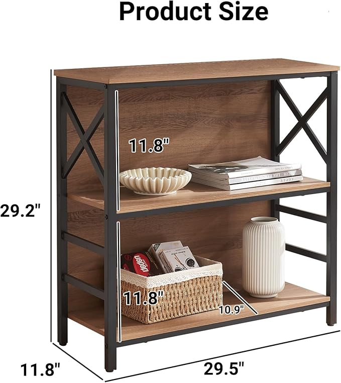 Small Bookshelf,3 Tier Industrial Bookcase with Metal Frame and Backboard,Low Rustic Brown Book Shelf,Book case for Small Spaces,Living Room,Bedroom and Home Office