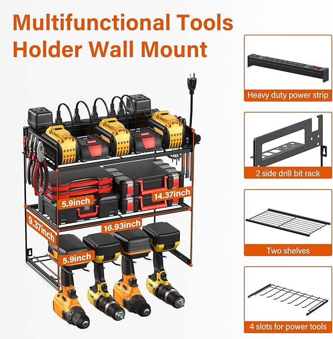 JUNNUJ Power Tool Organizer with 10 Outlet Power Strip, 3 Layer Wall Mount Drill Holder with Charging Station, 4 Drills Storage Shelf Shop Garage Utility Rack, Black