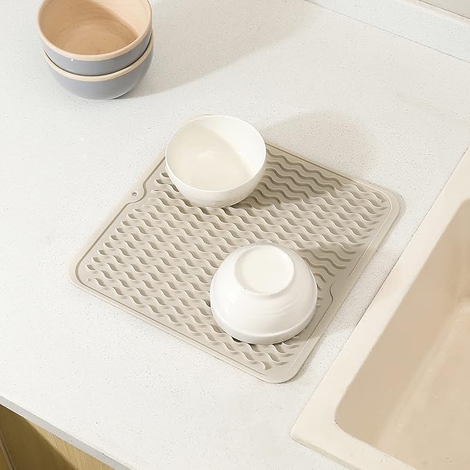 Silicone Dish Drying Mat for Multiple Usage,Easy clean,Eco-friendly,Heat-resistant Silicone Mat for Kitchen Counter or Sink,Refrigerator or Drawer liner Tapioca M 12 inches x 12 inches