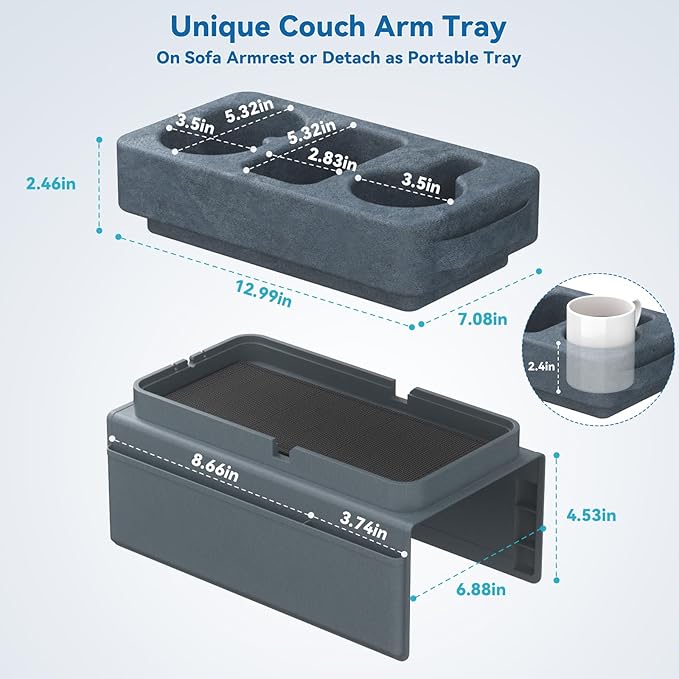Couch Arm Tray Removable Armrest for Sofa Arm Tray Silicone Couch Cup Holder Tray Armchair Caddy Foam Couch Cup Holder Pillow Arm Chair Caddy for Recliner Sofa Drink Holder Spill Proof 3 Side Pockets