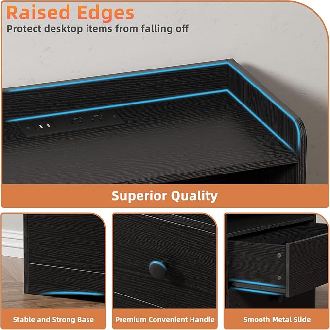 2 Pack Nightstand with Charging Station and LED Light, Modern Nightstand with USB Ports and Outlets, Wooden Bedside Table with 2 Storage Drawers, Small Dresser for Bedroom Small Space, Black