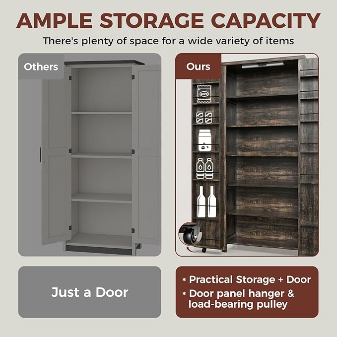 Farmhouse Kitchen Pantry Cabinet, 72" Tall Storage Cabinet with Adjustable Shelves，Farmhouse LED Food Storage with 2 Barn Doors for Kitchen, Dining Room, Living Room