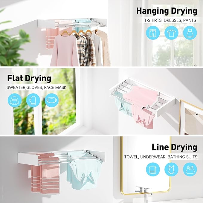 Wall Mounted Clothes Drying Rack, Extending Laundry Rack, Wall Mount Laundry Drying Rack Folding Indoor, 60lbs Capacity (5 Drying Rods, White 31.5")