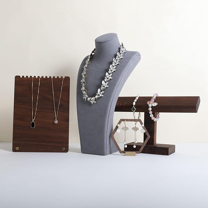 GemeShou Grey necklace storage organizer for sale, Velvet necklace holder stand, jewelry bust display stands, Jewelry Mannequin for Countertop, Showcase【Grey-Large height 12.4 inch】