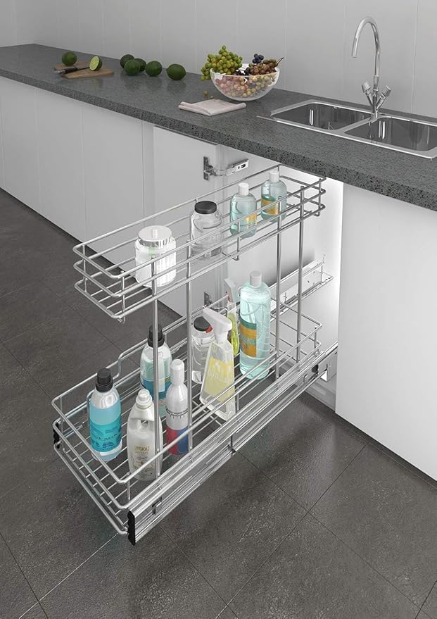 Under Sink Organizer 2 Packs, Pull Out Cabinet Organizer 2 Tier, Under Sink Slide Out Organizer Chrome Plated, Under Kitchen Bathroom Sink Organizer, Pantry Cabinet Closet Organization Rack, 9"W X19"D