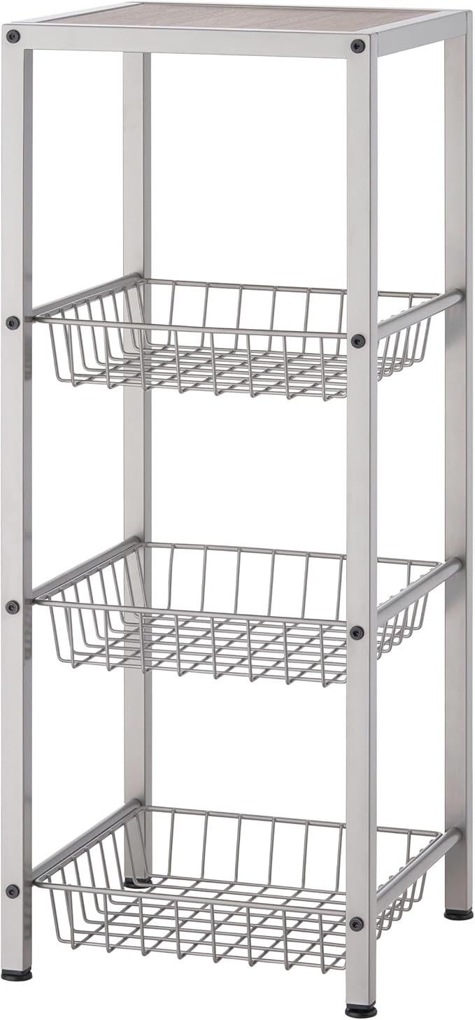 TRINITY 4-Tier Freestanding Metal Shelving Rack with Wire Baskets, Wood Top, and Adjustable Feet, 12"x12"x30", Champagne + Classic Gray Top