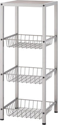 TRINITY 4-Tier Freestanding Metal Shelving Rack with Wire Baskets, Wood Top, and Adjustable Feet, 12"x12"x30", Champagne + Classic Gray Top