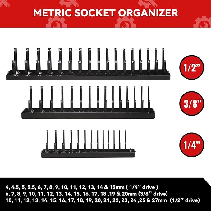 3PCS Socket Organizer Tray Set, Metric Socket Storage Trays, 1/4-Inch, 3/8-Inch & 1/2-Inch Drive Deep and Shallow Socket Holders for Toolboxes