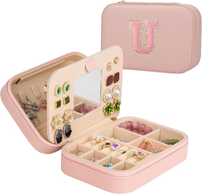 TopPerfekt Travel Jewelry Case Travel Jewelry Box With Mirror, Jewelry Organizer Bridal Shower Gifts To Her, Earring Travel Case, Trendy Gift for Women and Girls (U, Pink)