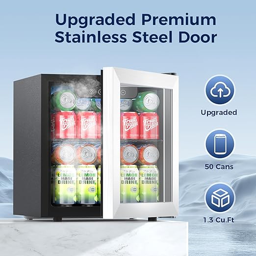 Beverage Refrigerator, 50 Cans Commercial Mini Fridge Cooler, 1.3 Cu.ft with Glass Door, Adjustable Shelves, Digital Temperature Freestanding Small Drink Fridge Soda Beer or Wine for Home Dorm Bar