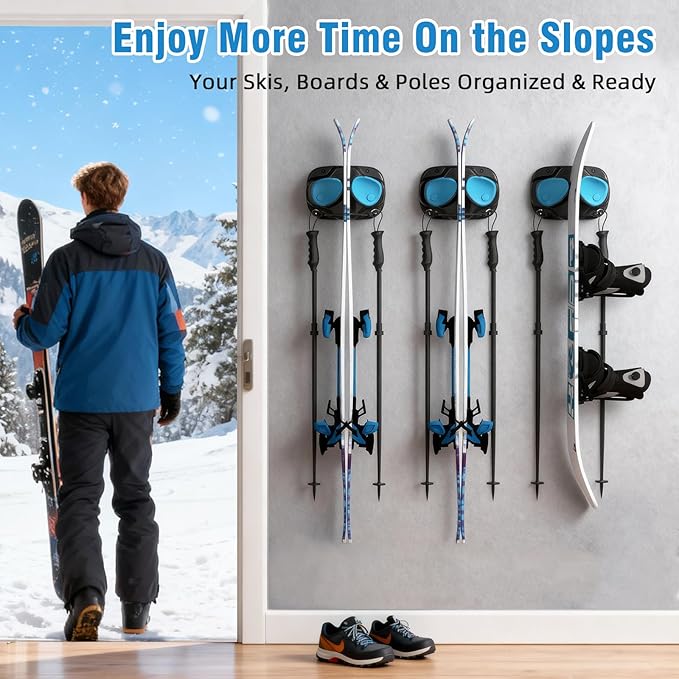 WDZREE Ski & Snowboard Wall Rack for Garage, Fits Any Ski or Board, Ski Wall Mount Garage Organization Holders, Damage-Free Storage Rack, Space-Saving Clamp Winter Gear Organizer, Blue (2 Pack)