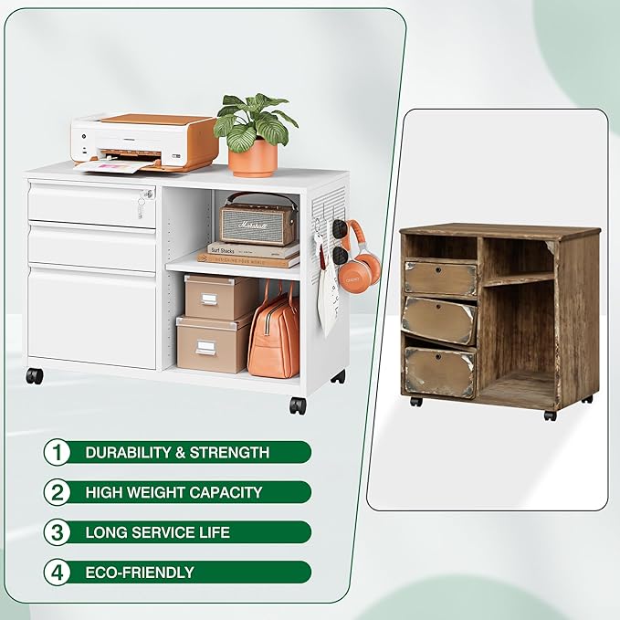 3 Drawer Metal File Cabinet with Lock,Mobile Lateral Filing Cabinet,Printer Stand Storage Cabinets with Shelves for Home Office(White)