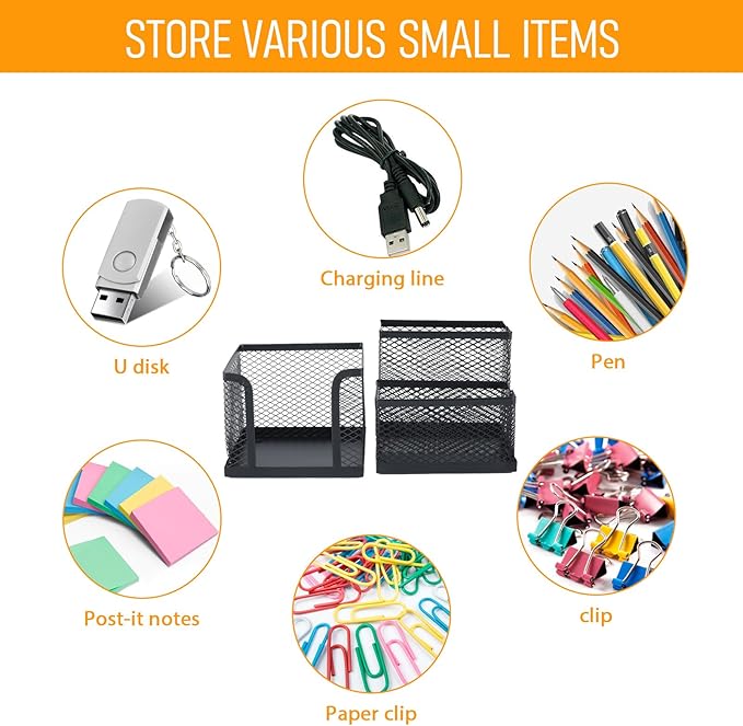 Pencil Holder for Desk, Dual-Compartment Mesh Desk Organizer Set, 2-Piece Set Black Pen Storage Holder & Post It Organizer for Home Office Desk Supplies