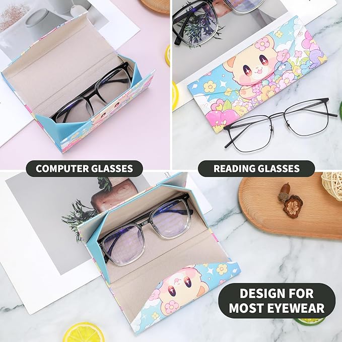 Foldable Glasses Case, Magnetic PU Leahter Sunglasses Case, Cute Hard Shell Folding Eyeglass Cases for Women Kids