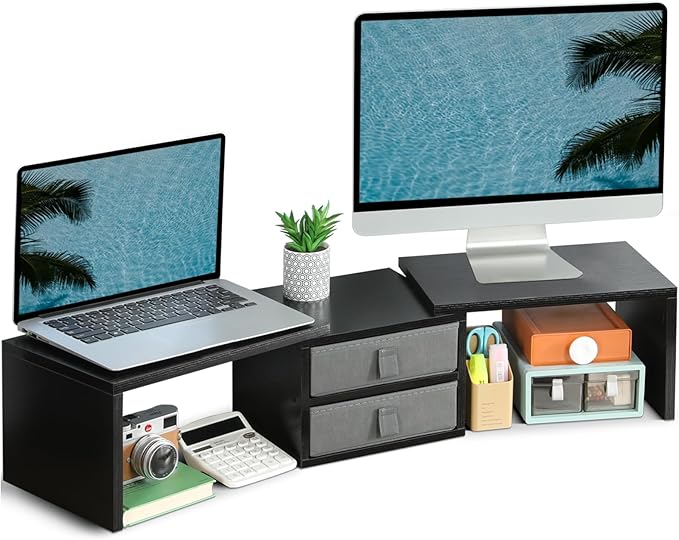 TEAMIX Dual Monitor Stand Riser with 2 Drawers-Length and Angle Adjustable 3 shelf Monitor Riser with Storage Desk Organizer Large Computer Monitor Stand for 2 Monitors/Laptop/PC,Wood Screen/TV Stand