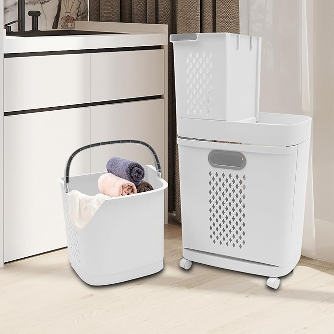 2 Layer Rolling Laundry Hamper Sorter - 4 Wheel Removable Laundry Basket Cart - Portable Multifunctional Storage Organizer - Mobile Laundry Organizer Cart for Bedroom Bathroom Closet
