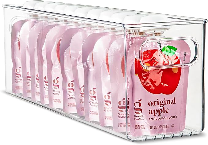 primebox Plastic Food Storage Clear Container Bin with Handles for Organizing Kitchen, Pantry, Refrigerator, Freezer, Pantry, Cabinet, Closet, Bathroom. 14”x4”x5”