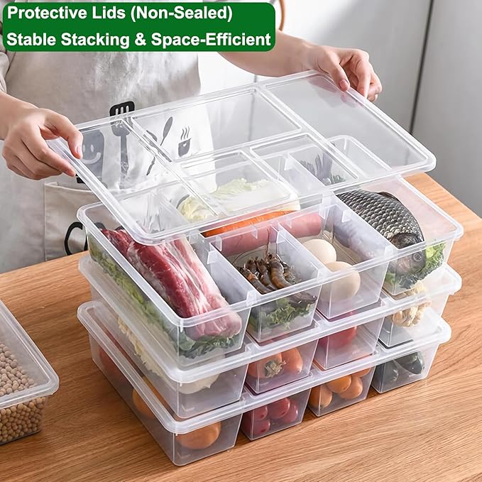 Taiuloo 2 Pack Divided Veggie Tray with Lid, Salad Bar Containers for Fridge Organizer, 5 Compartment Snackle Box Container, Clear Plastic Food Storage & Seving for Fruit, Vegetable, Snack, Meal Prep