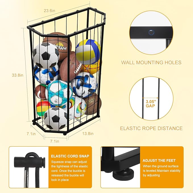Garage Ball Storage Holder,Elastic Cord Design Can Floor-Standing & Wall-Mounted Use,Used for Basketball,Footbal,Volleyball,Rugby,Home or Outdoors Sports Equipment Storage Ball Rack。(Black)