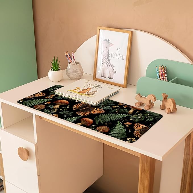 Vintage Butterfly Mushroom Mouse Pad – Large Extended Desk Mat 31.5 x 11.8 in– Dark Forest Aesthetic with Ferns & Fungi, Waterproof Surface, Non-Slip Rubber Base, Keyboard & Mouse Pad
