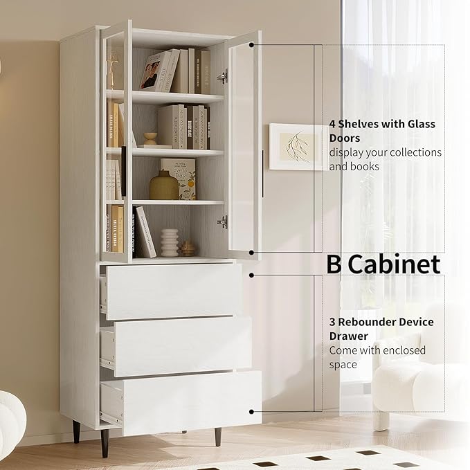 TUSY 70.9“ H Book Shelf with Drawers, 7-Tier Bookcase with Glass Doors, Display Curio Cabinet, Office Storage Cabinet, Narrow Display Bookcase for Home, Office, Clinic, Pantry (White)