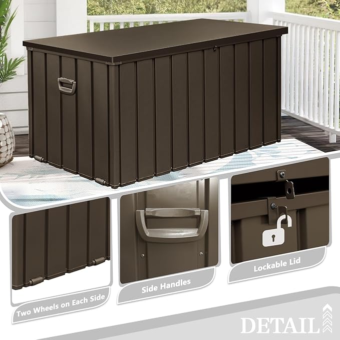 Domi 190 Gallon Metal Deck Box Waterproof, Outdoor Storage Box with Lock Wheels Side Handles, Outside Storage Box for Patio Cushions, Shoes & Pool Tools