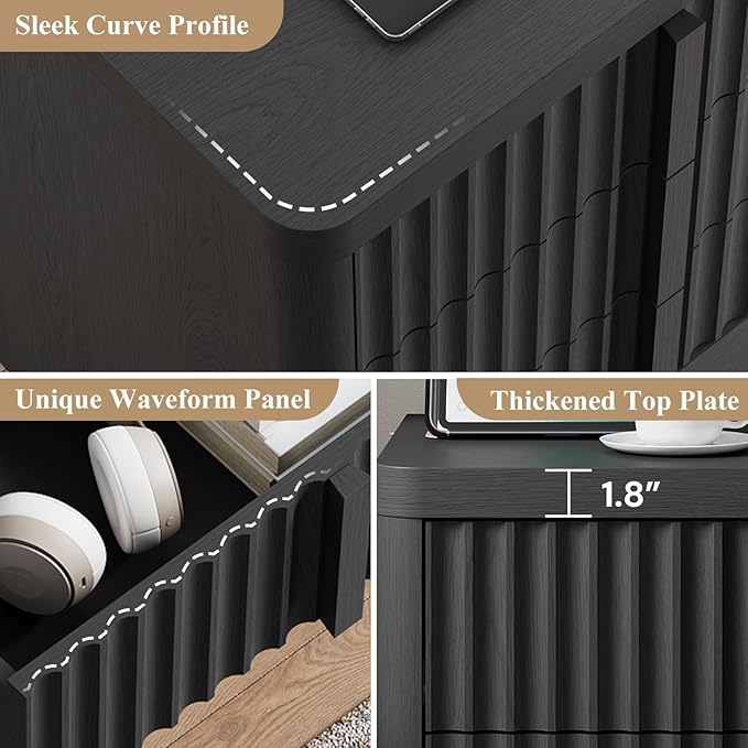 Fluted Nightstand Set of 2 with Charging Station, 23.6" Wood Bedside Table with Solid Wood Handle, Mid Century Moden End Table, 3 Drawer Dresser for Bedroom, Living Room, Black
