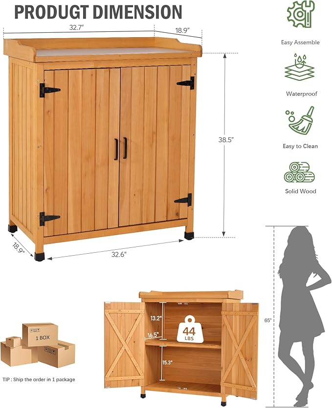Outdoor Storage Cabinet with Metal Work Top|Waterproof Wooden Potting Bench|Spacious Patio Cabinet with Raised Side Rail for Garden Tools, Backyard,Lawn Gardening|Wood Outdoor Cabinet