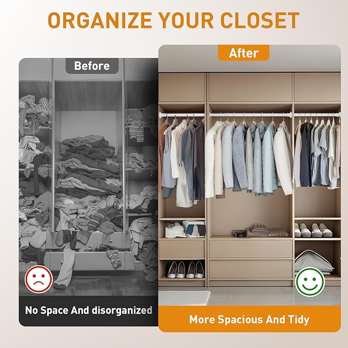 White Adjustable Closet Rod 18-63 Inches, Heavy Duty Metal Clothes Hanging Rod, Rust-Proof Non-Slip Wardrobe Bar for Closet, Laundry Room, RV