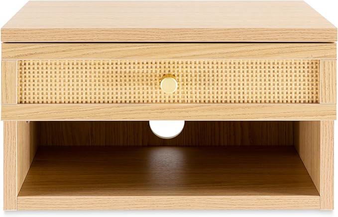 JONATHAN Y NST2000B Celerie 15.71" Mid-Century Modern Floating Wall Mounted Nightstand with Soft-Close Rattan Drawer and Cable Hole, Light Oak