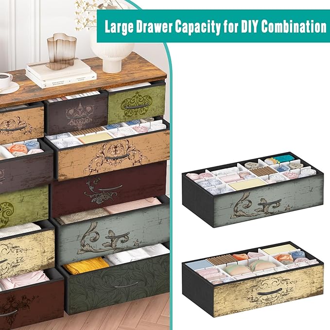 Dresser for Bedroom with 12 Drawers, Tall Fabric Drawer Dresser, Chest of Drawers for Closet, Nursery, Bedside, Living Room, Entryway, Hallway (Pattern)