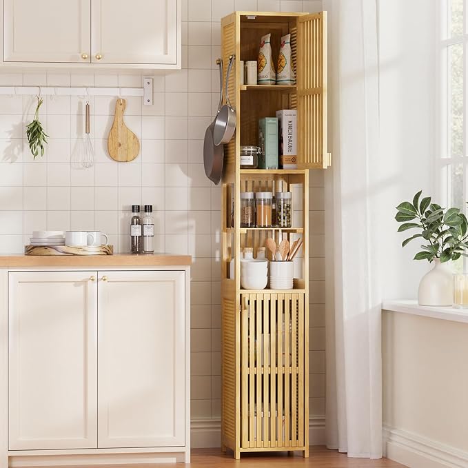 Amazer 70'' Tall Bathroom Storage Cabinet Bamboo, Slim Storage Cabinet with Rattan Door and Adjustable Shelves, Narrow Freestanding Organizer for Living Room, Kitchen, Natural Color