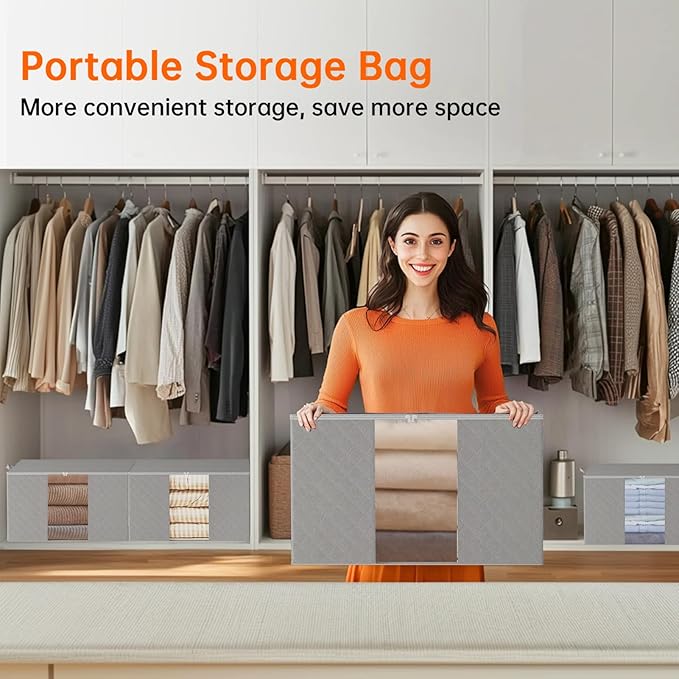 6 Pack Clothes Storage Bags - 90L Blanket Organizers and Storage for Closet Large Storage Bins with Lids and Zipper Storage Containers for King Comforter, Pillow and Sweater (Grey, 6 Pack)