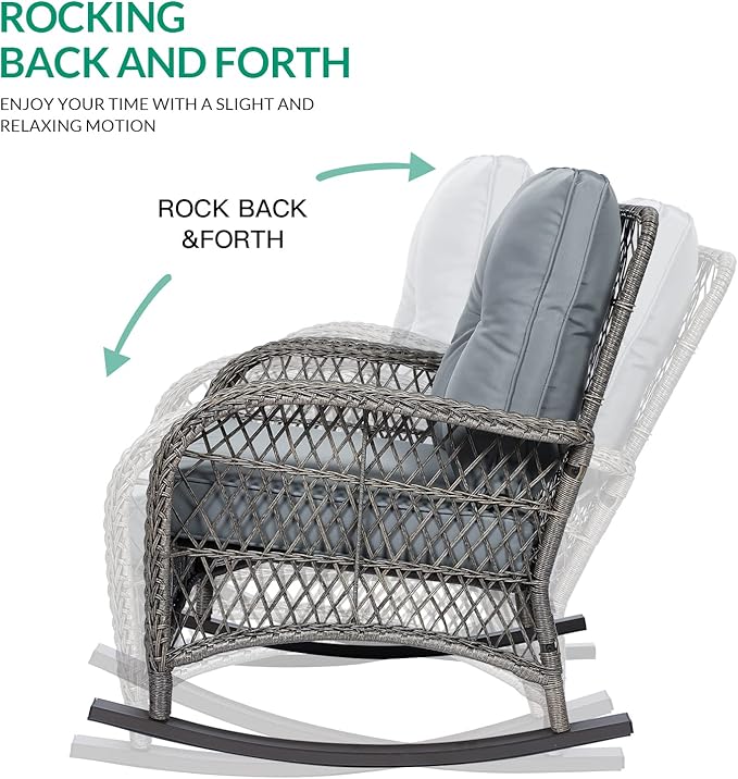 VIVIJASON 3-Piece Outdoor Conversation Bistro Set, Patio Wicker Rocking Chairs Rattan Furniture Sets w/ 2 Rattan Chairs, Cushions, Glass Top Side Table for Garden Porch Backyard (Grey)