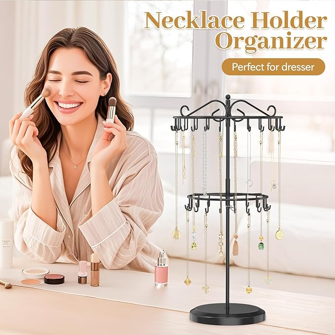 MODOWEY Rotating Necklace Holder Organizer Display Stand with 42 Hooks, 2 Tier Adjustable Metal Tree for Long Necklace Hanger Selling, Tall Spinning Bracelet Storage Rack for Men Women, Black