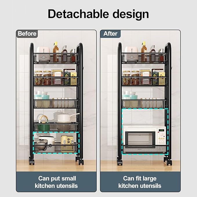 Fruit and Vegetable Basket Bowls for Kitchen, 5 Tier Stackable Metal Mesh Storage Basket with 360 Degree Wheels, Fruit Vegetable Produce Basket Storage Organizer, for Kitchen, Pantry, Bathroom(Black)