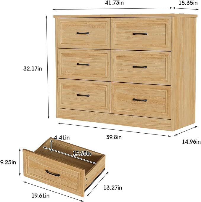 Fameill Dresser for Bedroom, 6 Drawer Wide Dresser Organizer with Charging Station for Hallway with Metal Handles, Oak