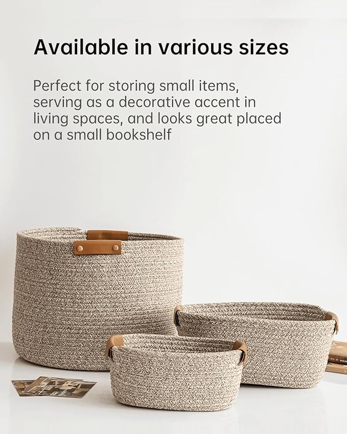 Medium Cotton Woven Basket with PU Leather Handle, Baby Kids Clothes Toys Candy Gifts Cotton Rope Organizer, Living Room Bathroom Shower Storage Laundry Basket, Dog Cat Bed, Cute Decor, Coffee