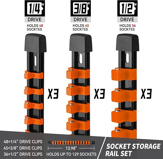 Socket Organizer Drive ABS Tools - Orange Socket Holder, Premium Quality 9 Pieces Socket Holders Kit 1/4-Inch x 48 Clips, 3/8-Inch x 45 Clips, 1/2-Inch x 36 Clips（9PC,Orange)
