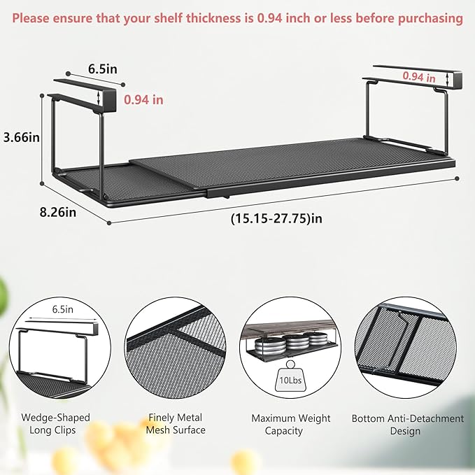 Expandable Under Cabinet Shelf, Extendable Under Shelf Storage with 0.94 Inches Thick Clips for Pantry Cabinet, Laundry Room, Shoe Rack. (Black, 2 Pack, Interior: 3.66" H x 8.26" D)