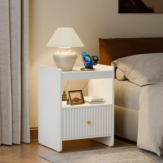 HIFYOBRO 21.6" Tall Fluted Nightstand Set, End Table with Charging Station and LED Light, Modern End Side Table with Drawer (White)