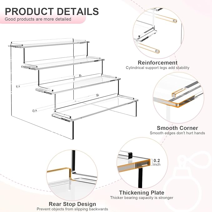 ULENDIS 4 Tier Acrylic Display Stands Organizer for Perfume, Upgrade Clear Display Stand Risers Shelf for Cupcakes Perfumes Figurines, Desktop Tiered Display for Decorating & Organizing