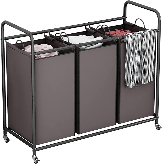 LINZINAR 3-Bag Laundry Sorter,Laundry Hamper Cart with Heavy Duty Rolling Lockable Wheels and Removable Bags (Brown)