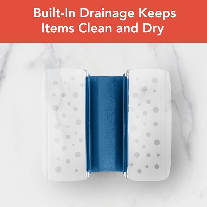 Spectrum Sink Saddle for Kitchen Sink Blue Clear Sponge and Brush Holder Organizer, Dish Brush and Sponges Plastic Saddle Caddy for Double Sink Storage with Drain Holes for Quick Drying Organization