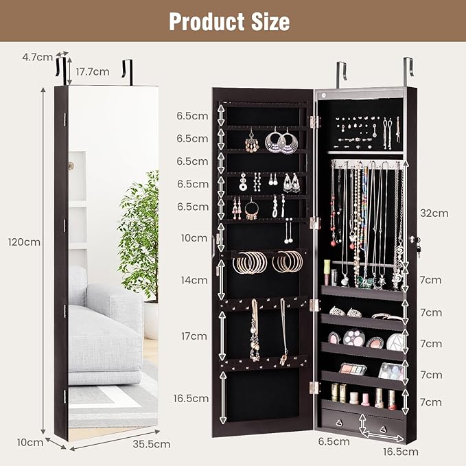 HAPPYGRILL Over the Door Jewelry Organizer, Hanging Jewelry Storage Cabinet w/Full-Length, Inner Makeup Mirror, Earring Shelves, Ring Slots, 25 Necklace Hooks, Wall Mounted Jewelry Armoire for Women